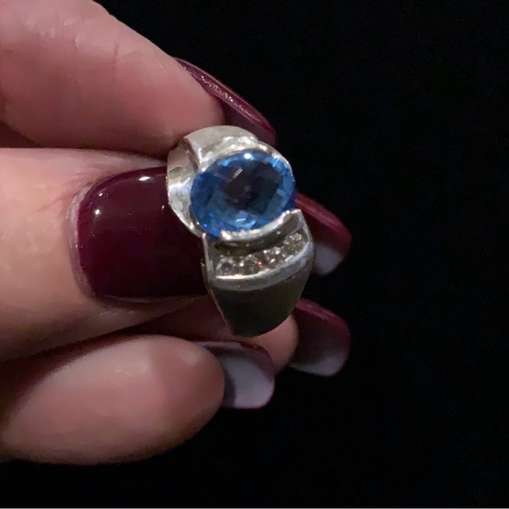 14k Goldwhite Gold Blue Topaz With Natural Diamonds Ringvery Unique